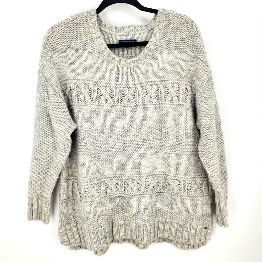 AEO Chunky Cable Knit Sweater Pullover Gray Wool Blend XL
